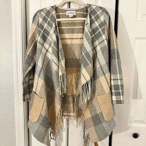 Peck & Peck Plaid Fringe Cardigan - Gray and Tan